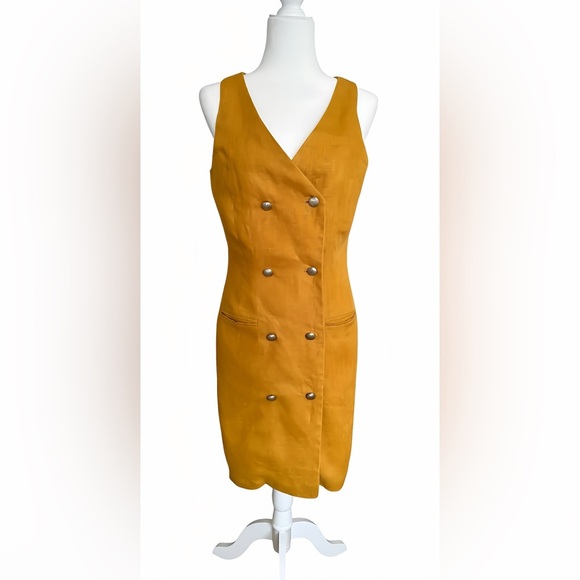 Sàke Vintage Mustard Yellow Linen Dress Sz 8 Lined Double-Breasted Sleeveless - Picture 1 of 8